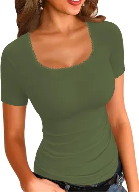 LOLONG Womens Short Sleeve Ribbed T Shirts Summer Casual Square Neck Lace Patchwork Tops