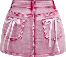 MakeMeChic Women's Denim Skirt High Waist Bow Pocket Bodycon Y2K Mini Jean Skirts