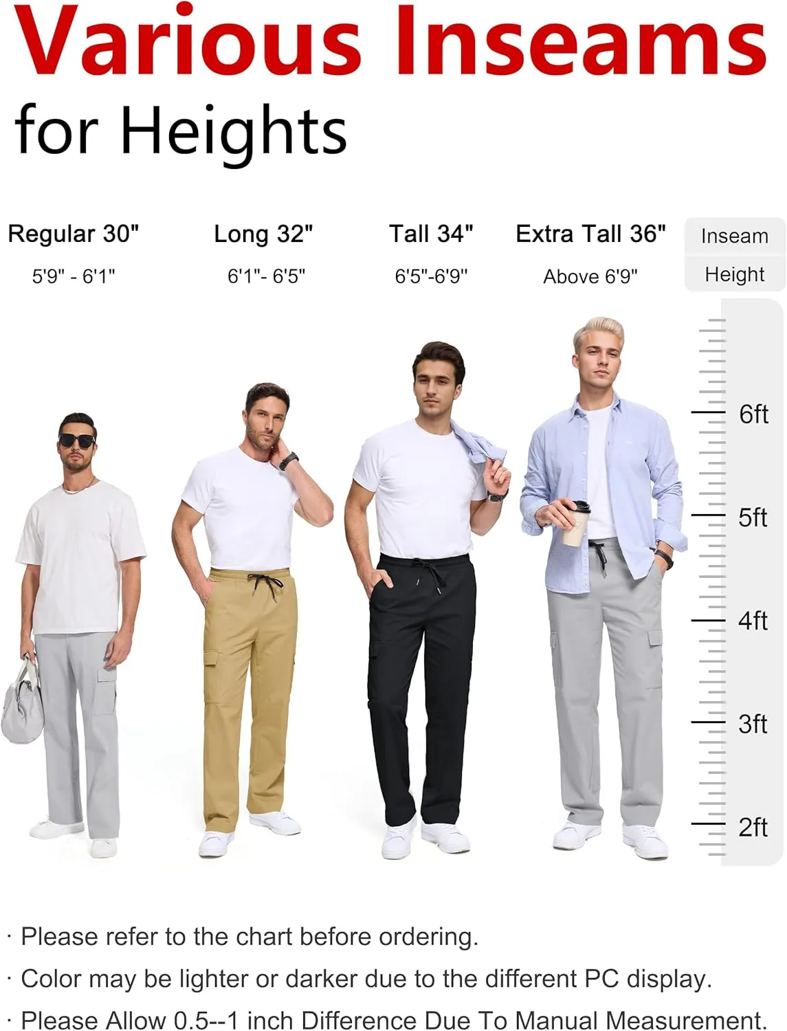 Men's Casual Cargo Pants 30/32/34/36 Tall Inseam Hiking Pants Workout Joggers Loose Straight Sweatpants for Men