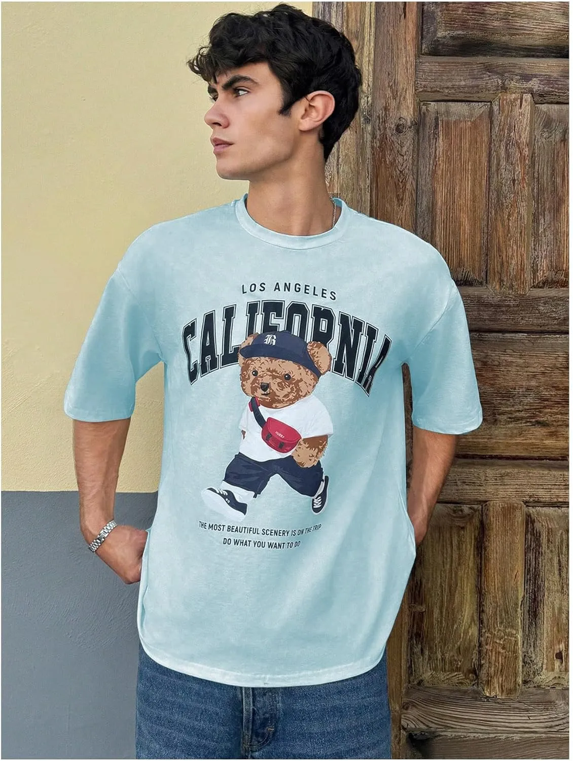 Men's Graphic Letter Print Tees Crewneck Short Sleeve Baggy Drop Shoulder Vintage T Shirts Streetwear
