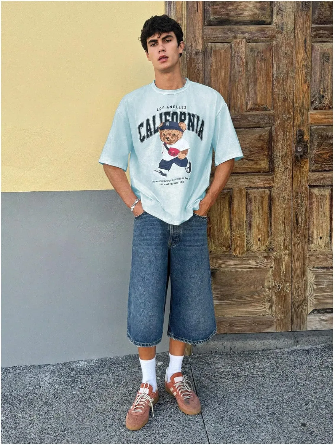 Men's Graphic Letter Print Tees Crewneck Short Sleeve Baggy Drop Shoulder Vintage T Shirts Streetwear