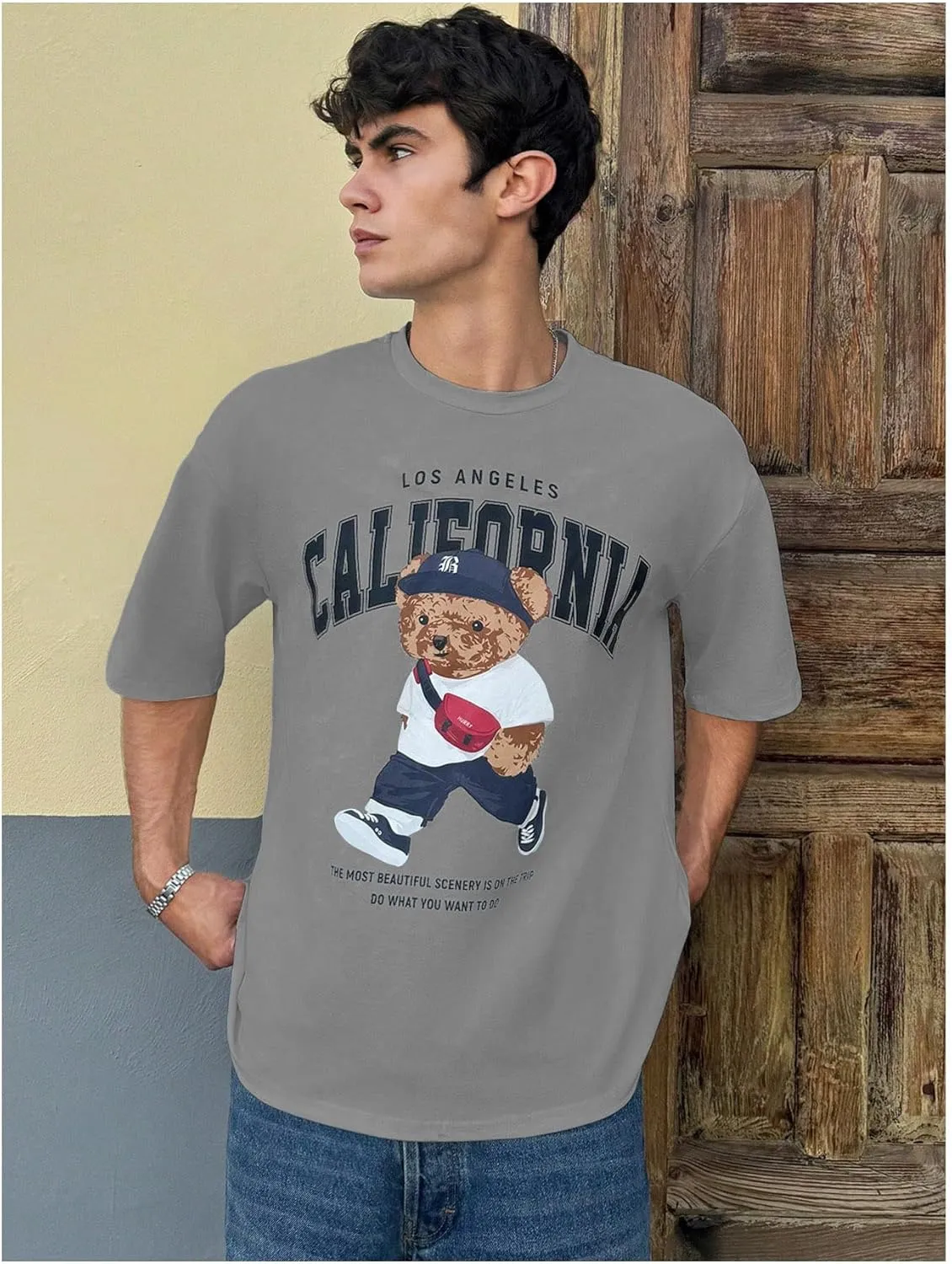 Men's Graphic Letter Print Tees Crewneck Short Sleeve Baggy Drop Shoulder Vintage T Shirts Streetwear