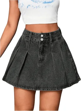 Milumia Women's Pleated Denim Skirt Trendy High Waisted Mini Jean Skater Skirts