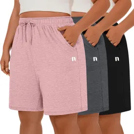 Neer 3 Pack Plus Size Women's Bermuda Shorts Cotton Drawstring High Waisted Casual Athletic Sweatpants Shorts with Pockets
