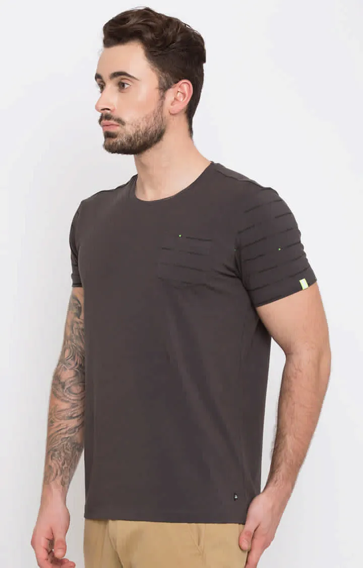 Spykar Men Khaki Cotton Slim Fit Plain T-Shirt