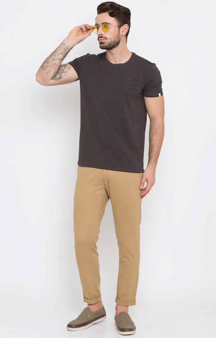 Spykar Men Khaki Cotton Slim Fit Plain T-Shirt