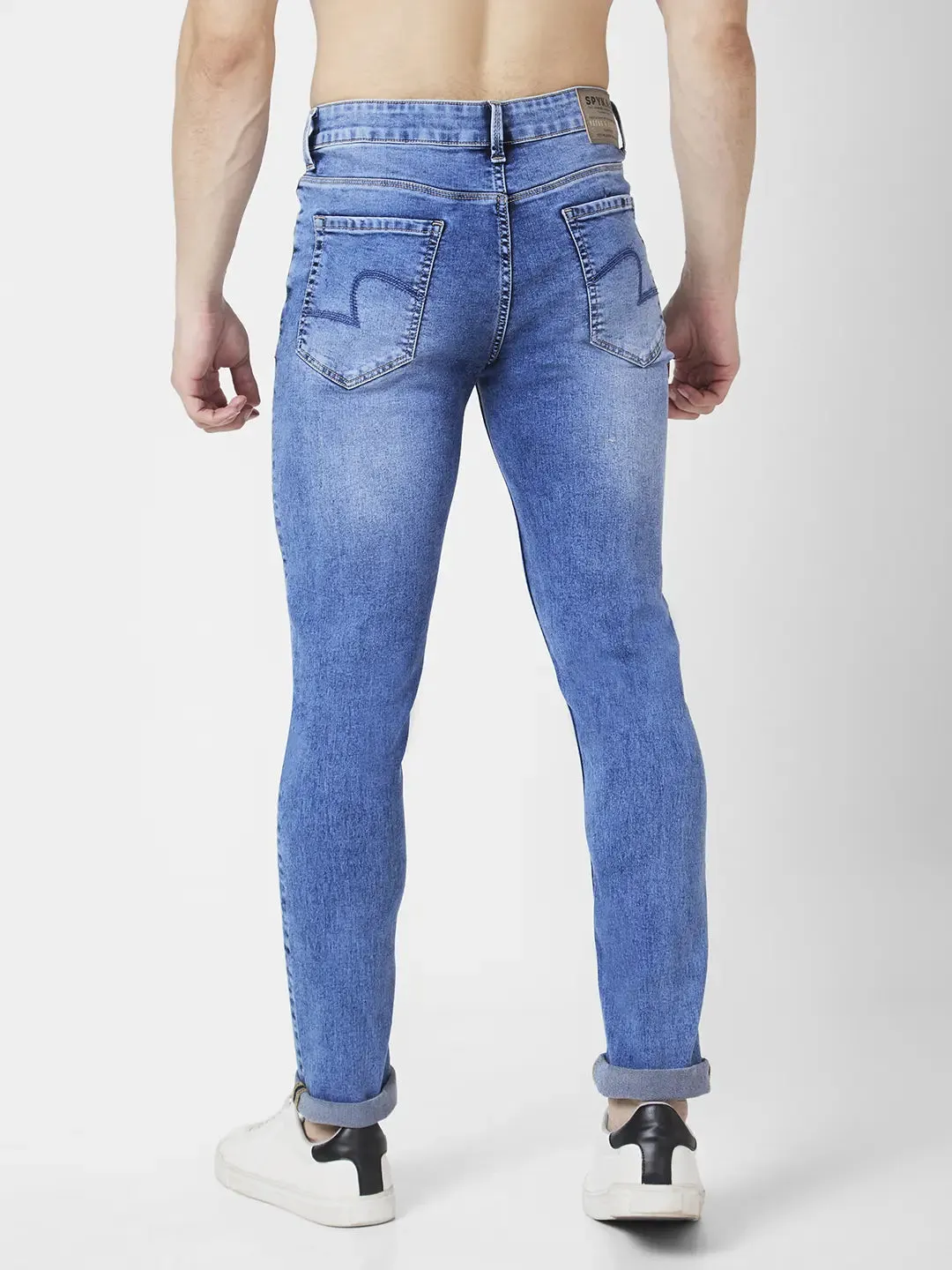 Spykar Men Mid Blue Cotton Stretch Slim Fit Narrow Length Clean Look Low Rise Jeans (Skinny)