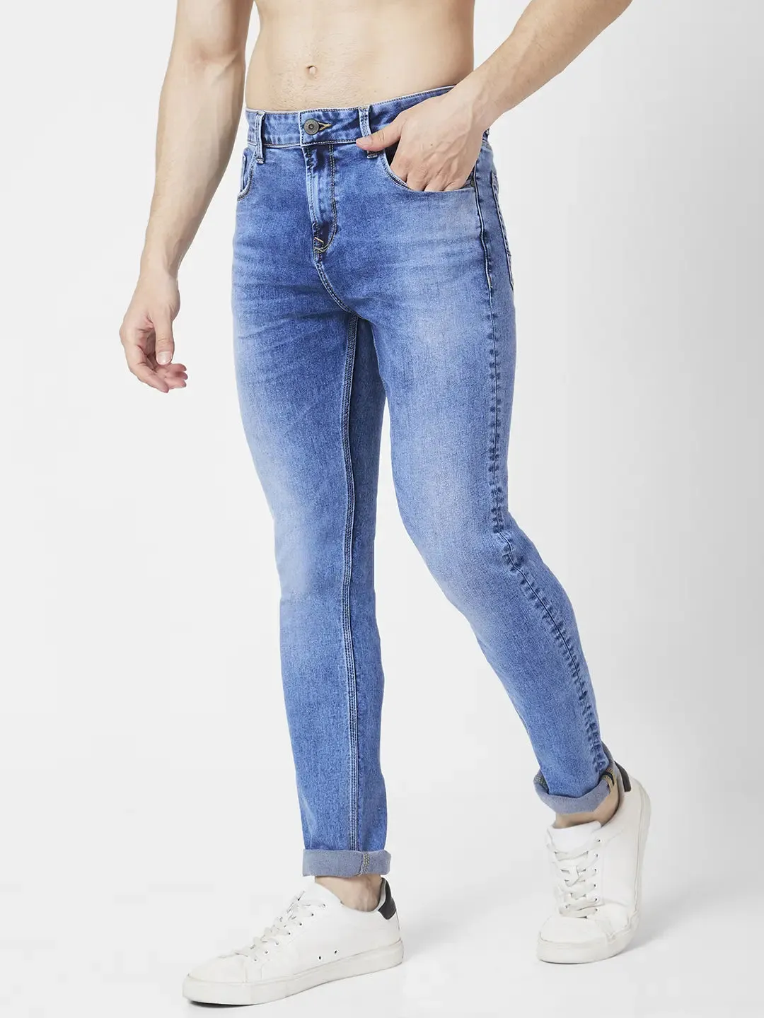 Spykar Men Mid Blue Cotton Stretch Slim Fit Narrow Length Clean Look Low Rise Jeans (Skinny)