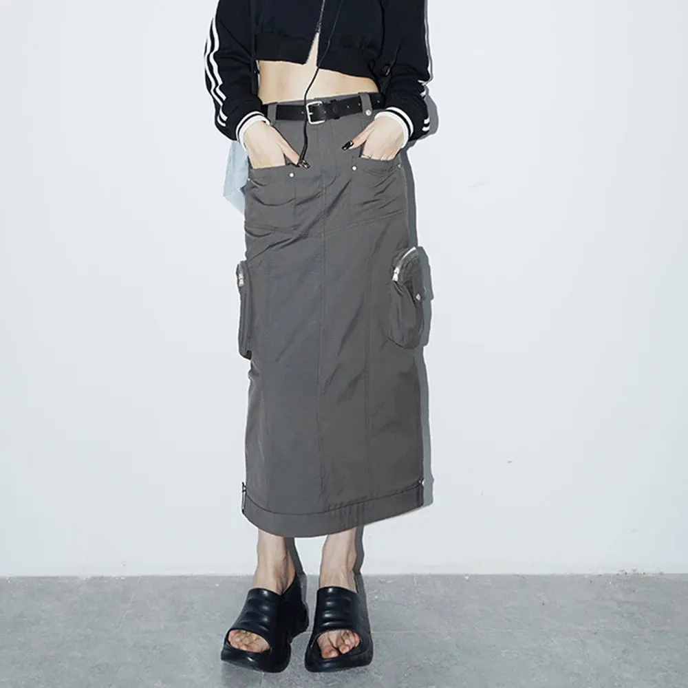 Streetwear Midi Skirt For Women High Waist Patchwork Pockets Solid Straight Minimalist Skirts Female Clothing