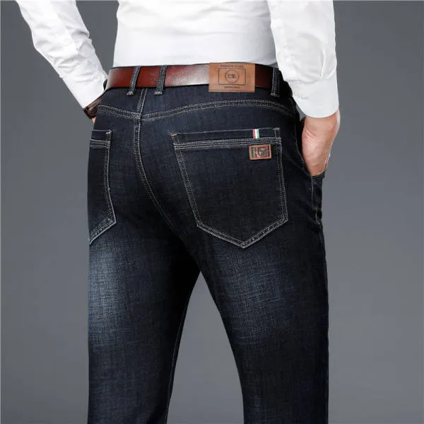Wiaofellas Men's Classic Relaxed Fit Flex Jean spring autumn new Four Seasons High waist Business casual black blue denim trousers