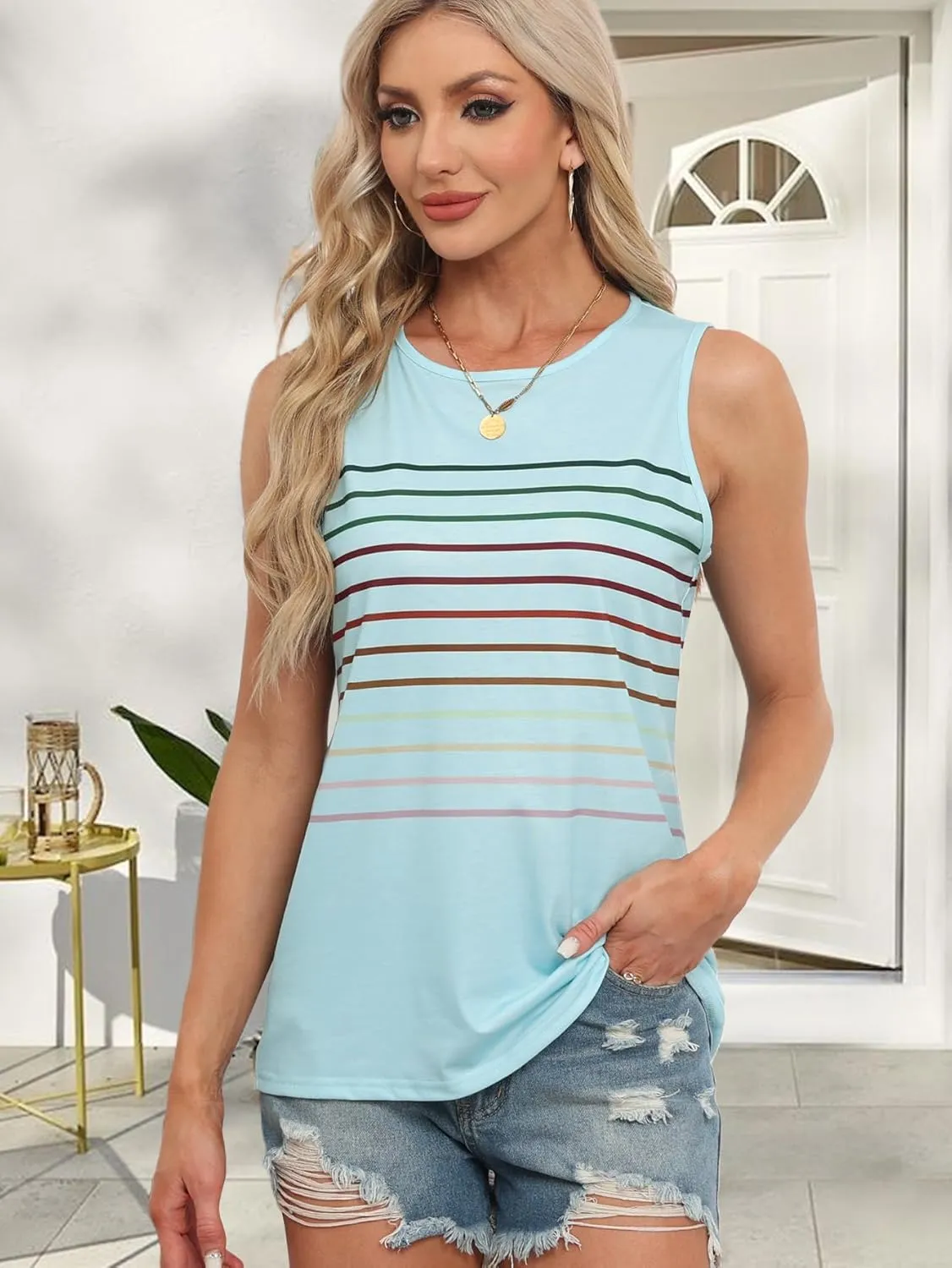Women's Casual Striped Tank Tops Sleeveless Crew Neck T Shirts Comfy Loose Basic Tees 2024 Trendy Blouse