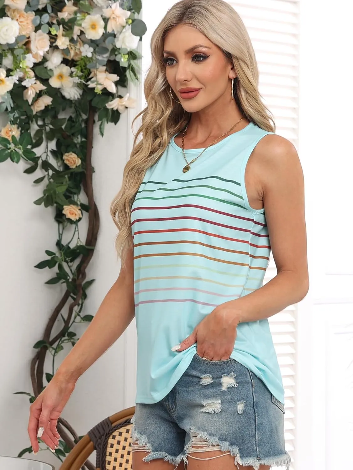 Women's Casual Striped Tank Tops Sleeveless Crew Neck T Shirts Comfy Loose Basic Tees 2024 Trendy Blouse