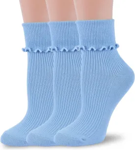 Womens Ruffle Socks Fashion Breathable Solid Color Turn-Cuff Cute Girls Ankle Socks 3 Pairs
