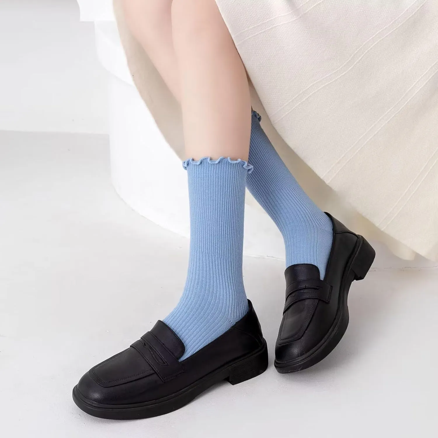 Womens Ruffle Socks Fashion Breathable Solid Color Turn-Cuff Cute Girls Ankle Socks 3 Pairs