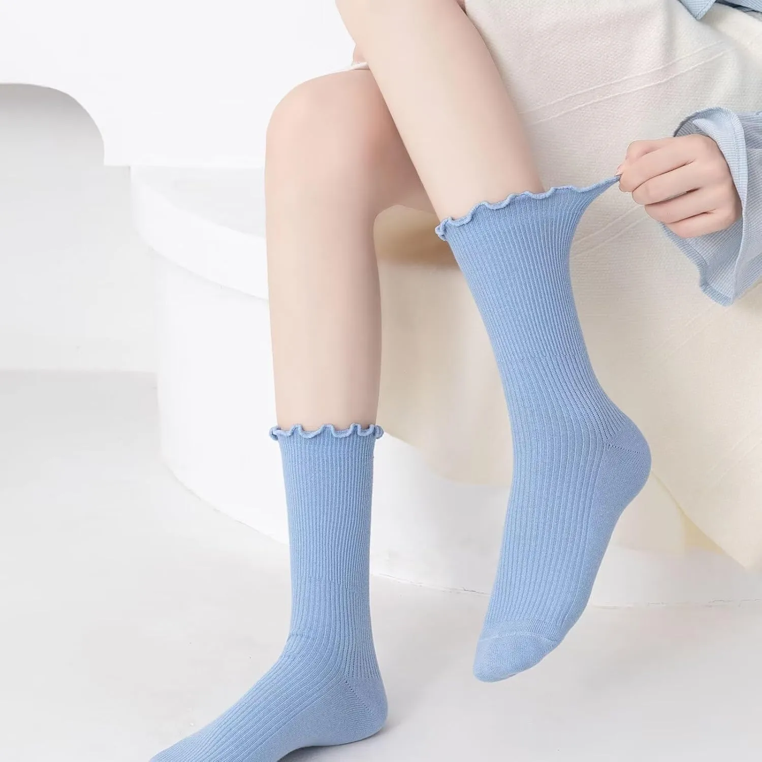 Womens Ruffle Socks Fashion Breathable Solid Color Turn-Cuff Cute Girls Ankle Socks 3 Pairs