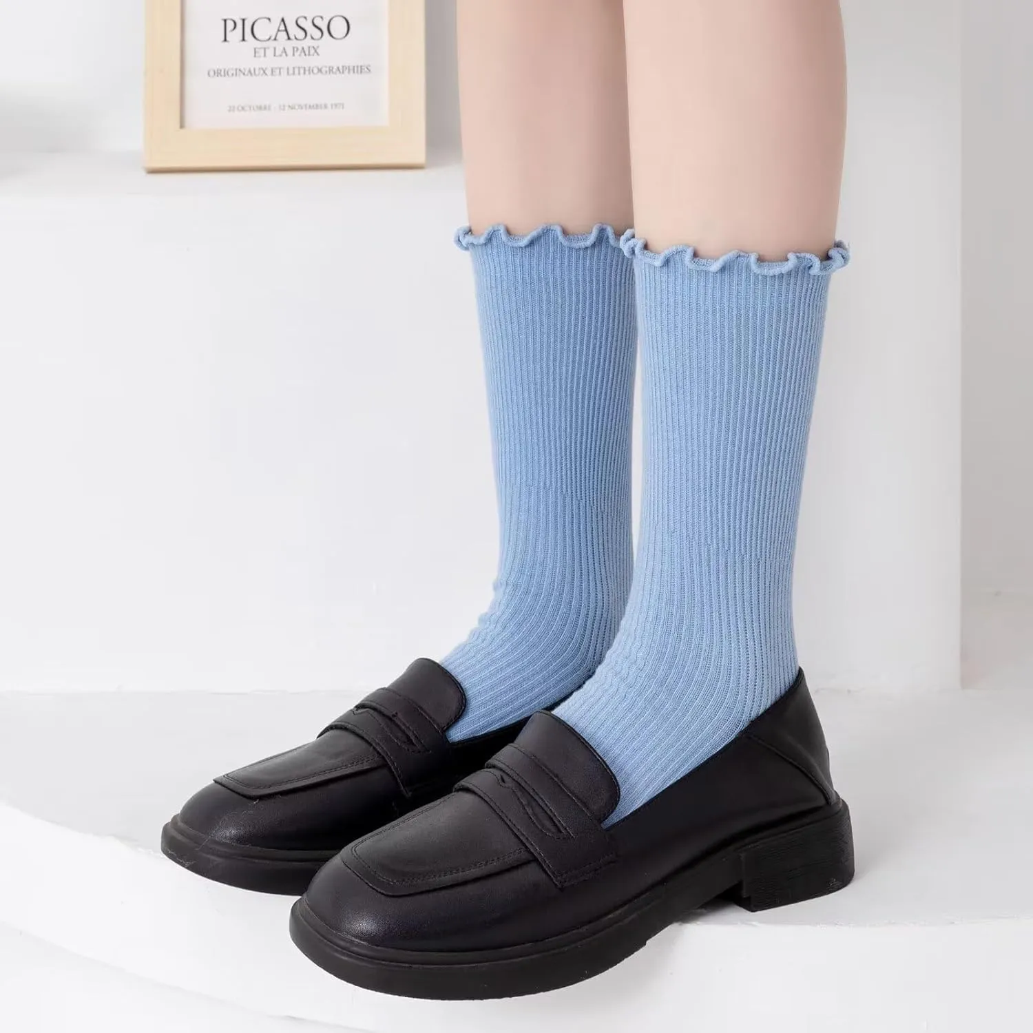 Womens Ruffle Socks Fashion Breathable Solid Color Turn-Cuff Cute Girls Ankle Socks 3 Pairs