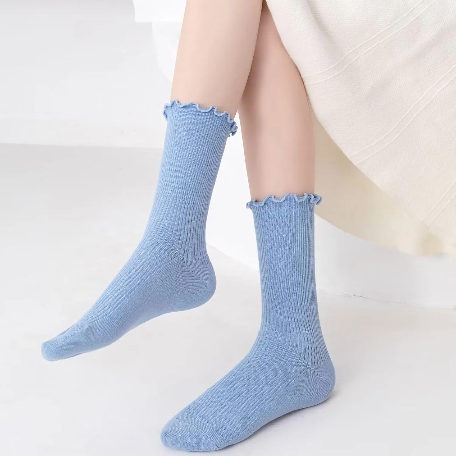 Womens Ruffle Socks Fashion Breathable Solid Color Turn-Cuff Cute Girls Ankle Socks 3 Pairs