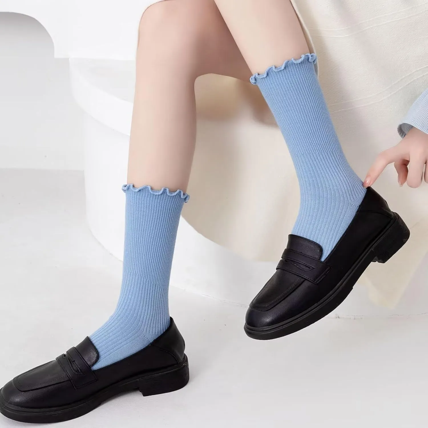 Womens Ruffle Socks Fashion Breathable Solid Color Turn-Cuff Cute Girls Ankle Socks 3 Pairs