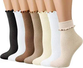 Womens Ruffle Socks, Turn-Cuff Frilly Crew Socks for Women Girls Cotton Ankle High Mid Calf Socks 7 Pairs