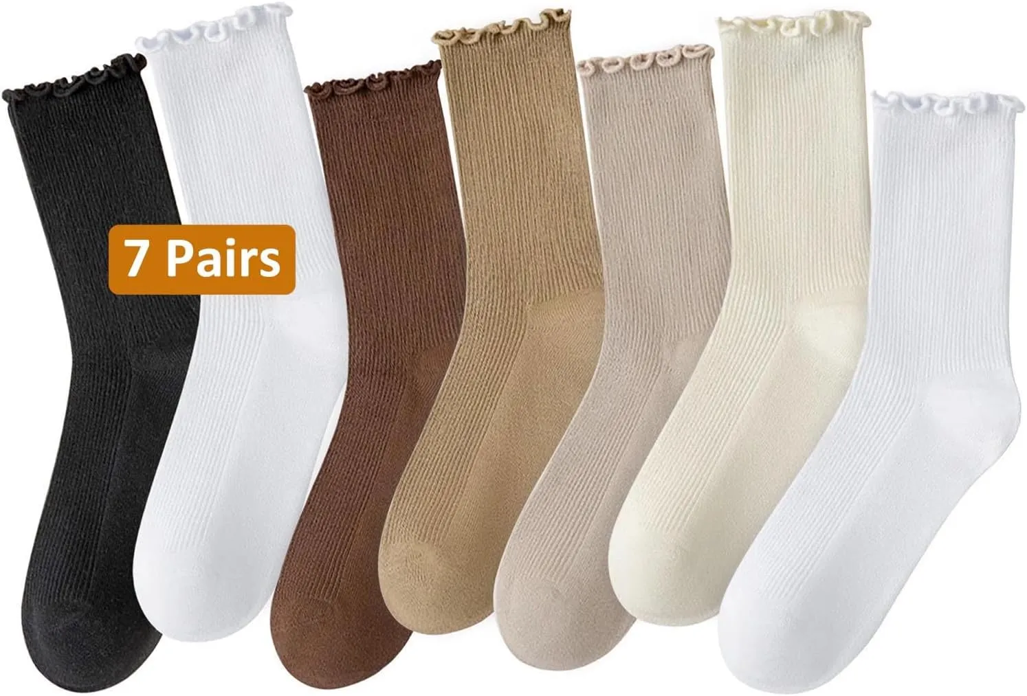 Womens Ruffle Socks, Turn-Cuff Frilly Crew Socks for Women Girls Cotton Ankle High Mid Calf Socks 7 Pairs