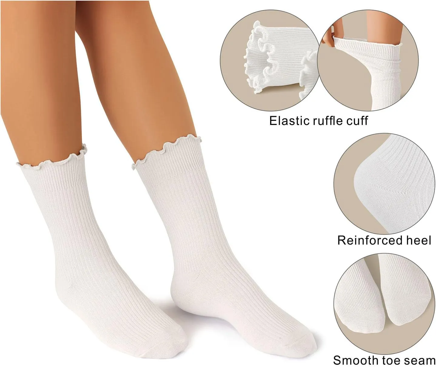 Womens Ruffle Socks, Turn-Cuff Frilly Crew Socks for Women Girls Cotton Ankle High Mid Calf Socks 7 Pairs