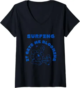 Womens Surfing It Gets Me Blooming Sunflower Ocean Waves V-Neck T-Shirt