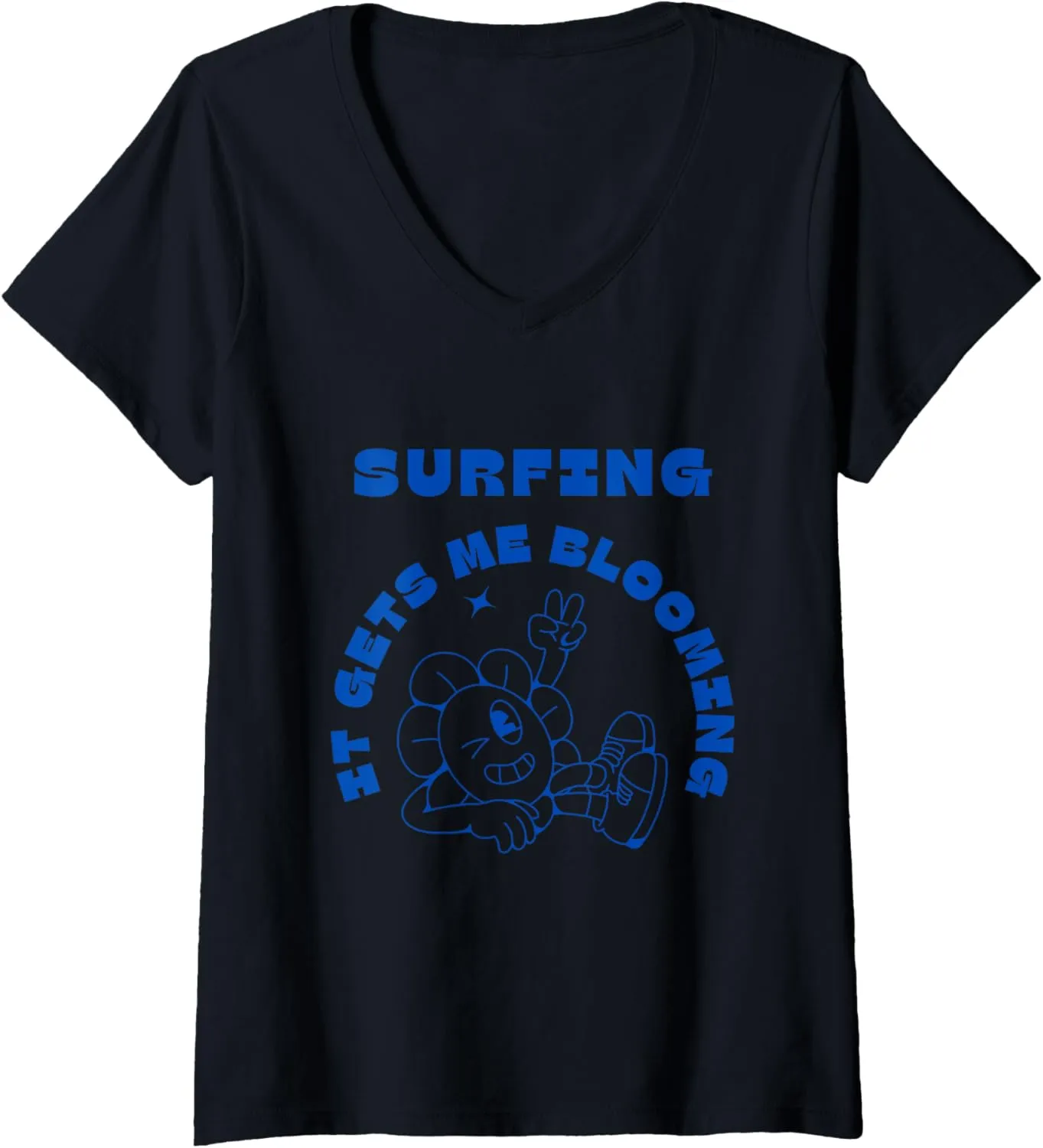 Womens Surfing It Gets Me Blooming Sunflower Ocean Waves V-Neck T-Shirt
