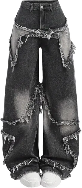 Y2K Baggy Jeans for Women Girls Star Patchwork Wide Leg Raw Hem Denim Pants Hip Hop Streetwear Preppy Clothes
